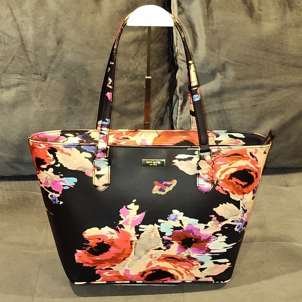 KATE SPADE NEW YORK SMALL TALLY BLURRY FLORAL LAUREL WAY BLACK TOTE - Picture 2 of 15
